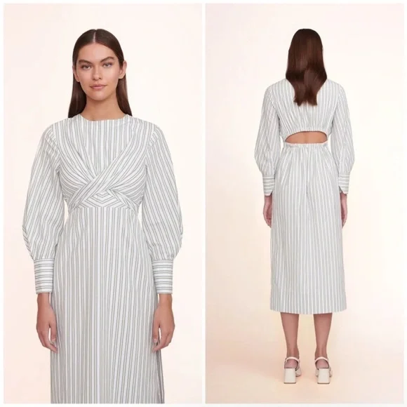 STAUD Striped Long-Sleeve Midi Dress in White and Gray - Picture 3 of 11